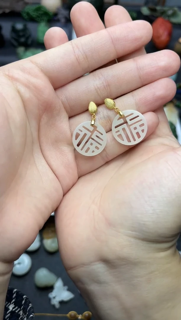 银S925镶嵌和田玉耳饰福耳钉06