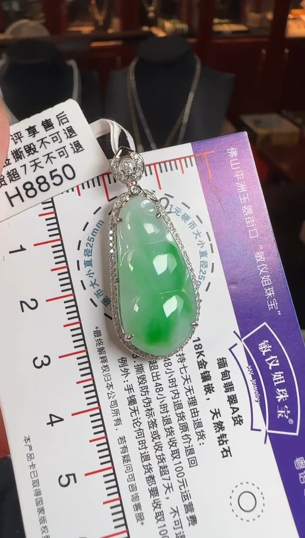 颈饰18K金镶嵌翡翠H8850冰飘绿富贵豆
