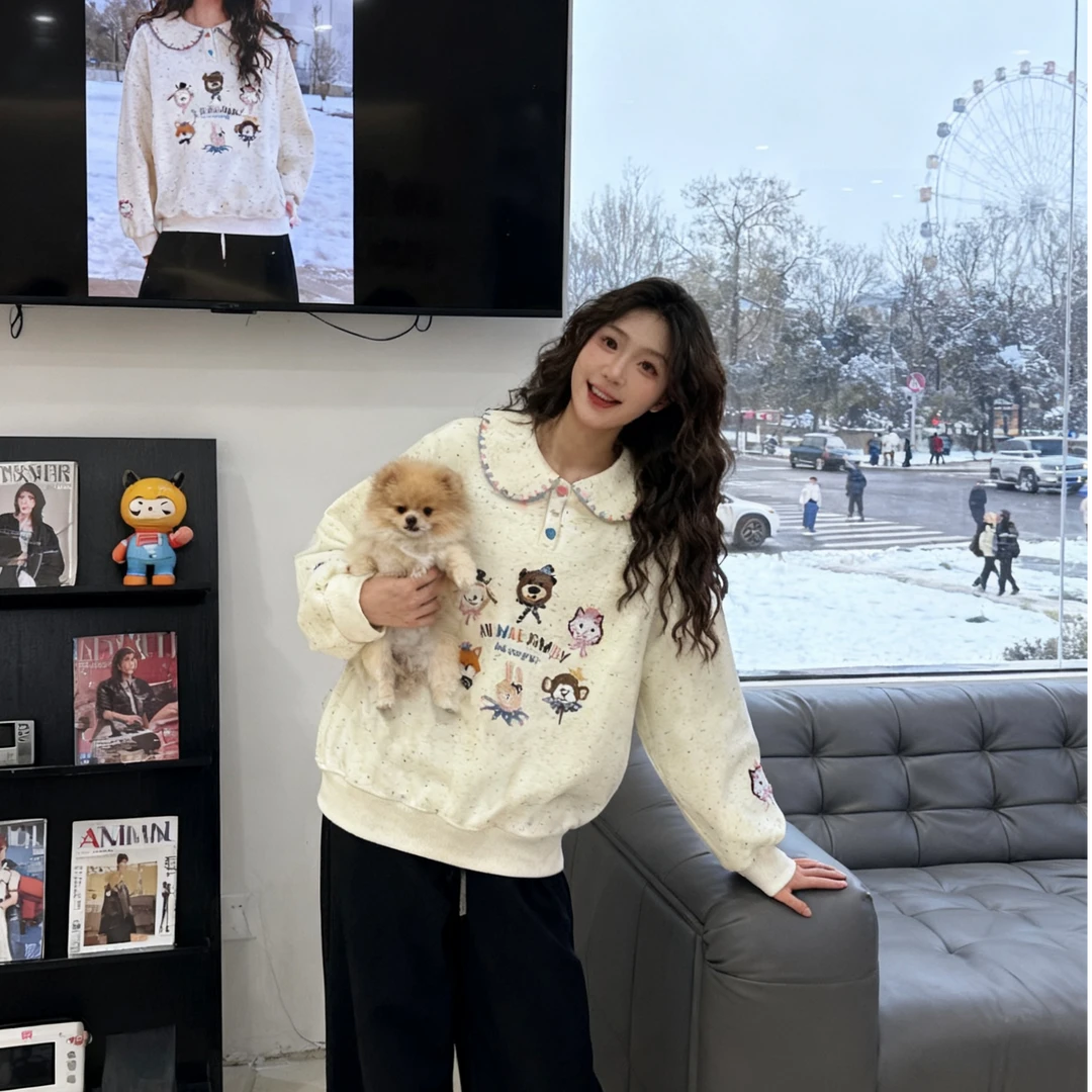 秋季大码日系潮流洋气宽松卫衣秋冬季新款polo领甜美刺绣卡通外套