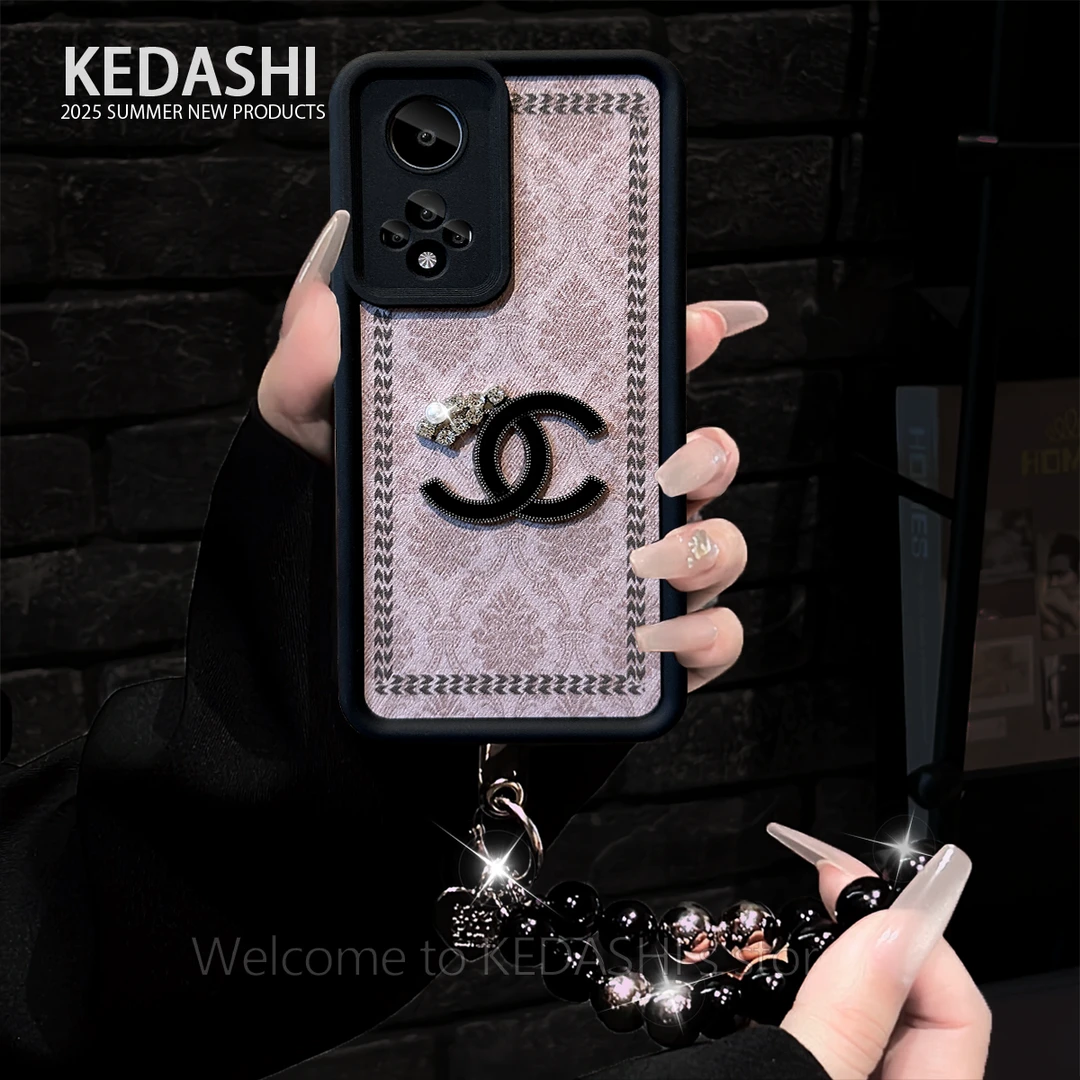 布艺方格双C天眼羊皮适用荣耀50苹果vivo华为OPPO手链手机壳女