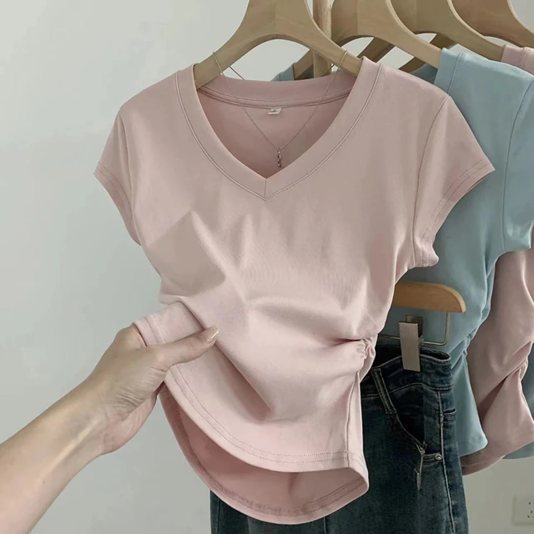纯色v领不规则收腰褶皱t恤夏季百搭短款修身设计感正肩短袖上衣女