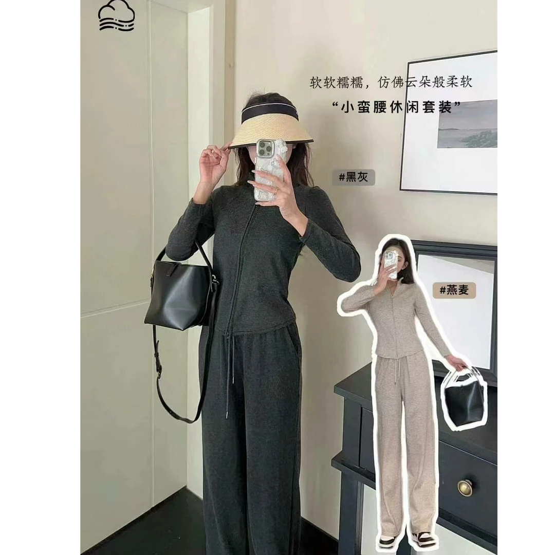 2521小蛮腰休闲运动套装两件套2025秋季立领高级感针织修身