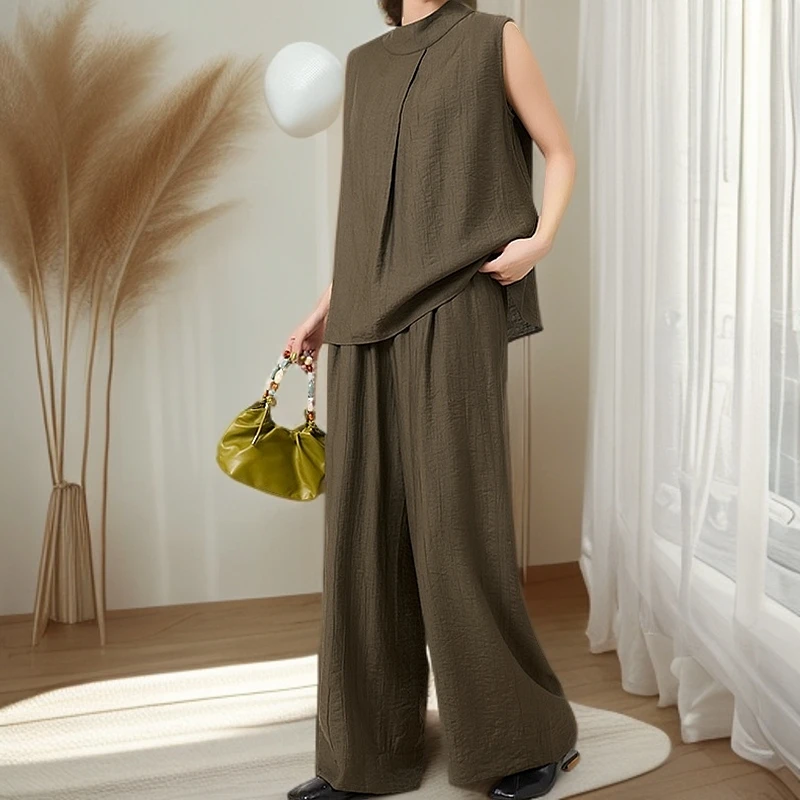 夏季慵懒松弛感小众设计无袖衬衣+长裤两件套