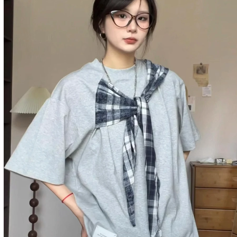 美式复古蝴蝶结灰色短袖t恤女夏季设计感宽松oversize百搭上衣潮