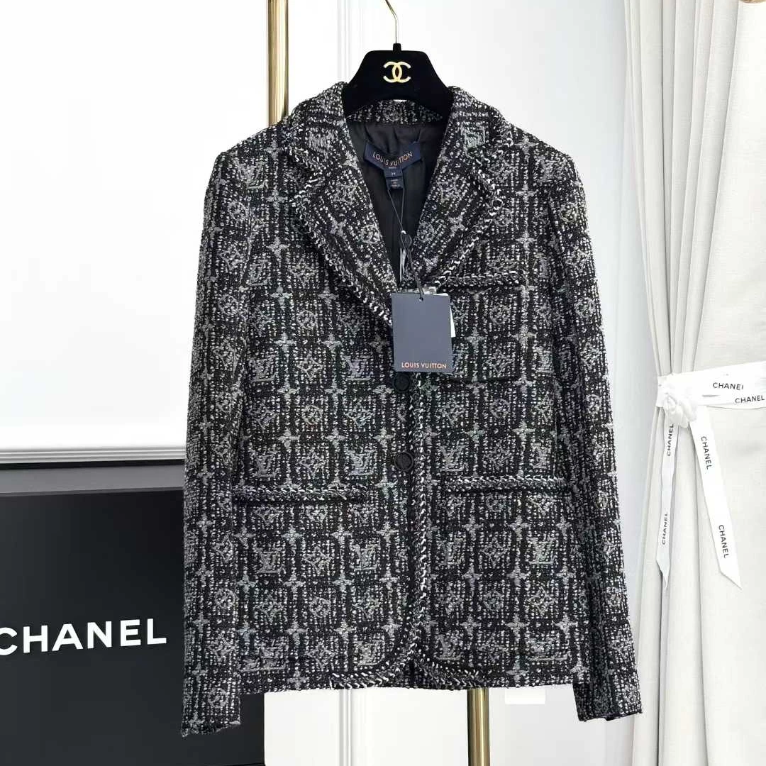 99新 LouisVuitton/路易威登  34码黑灰色老花满印翻领西装外套
