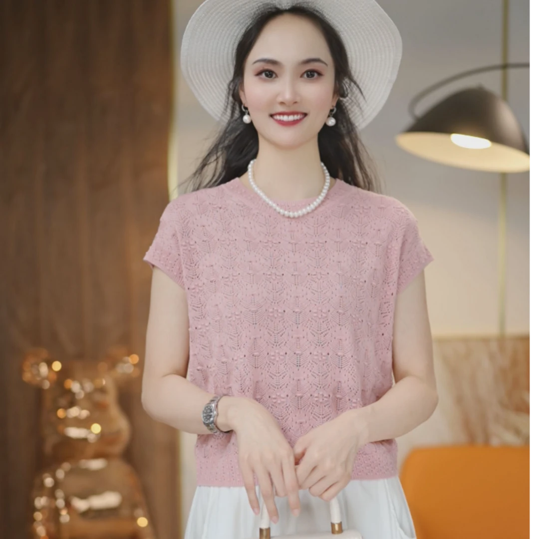 轻薄~透气(含桑蚕丝+天丝）夏季圆领设计感优雅气质短袖上衣9196