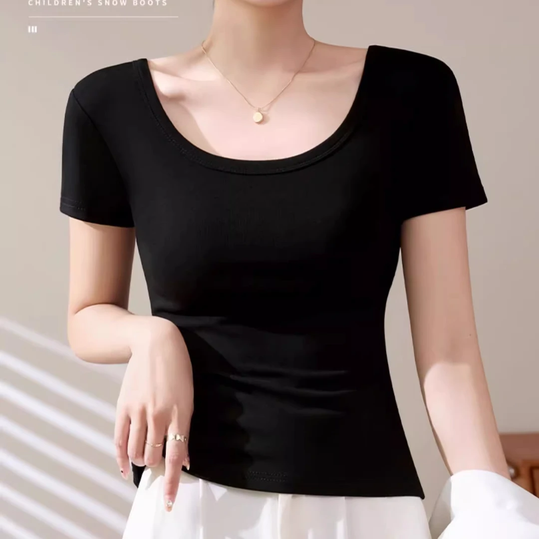 螺纹双U领打底衫女内搭夏季新款紧身性感辣妹锁骨显瘦短袖T恤上衣