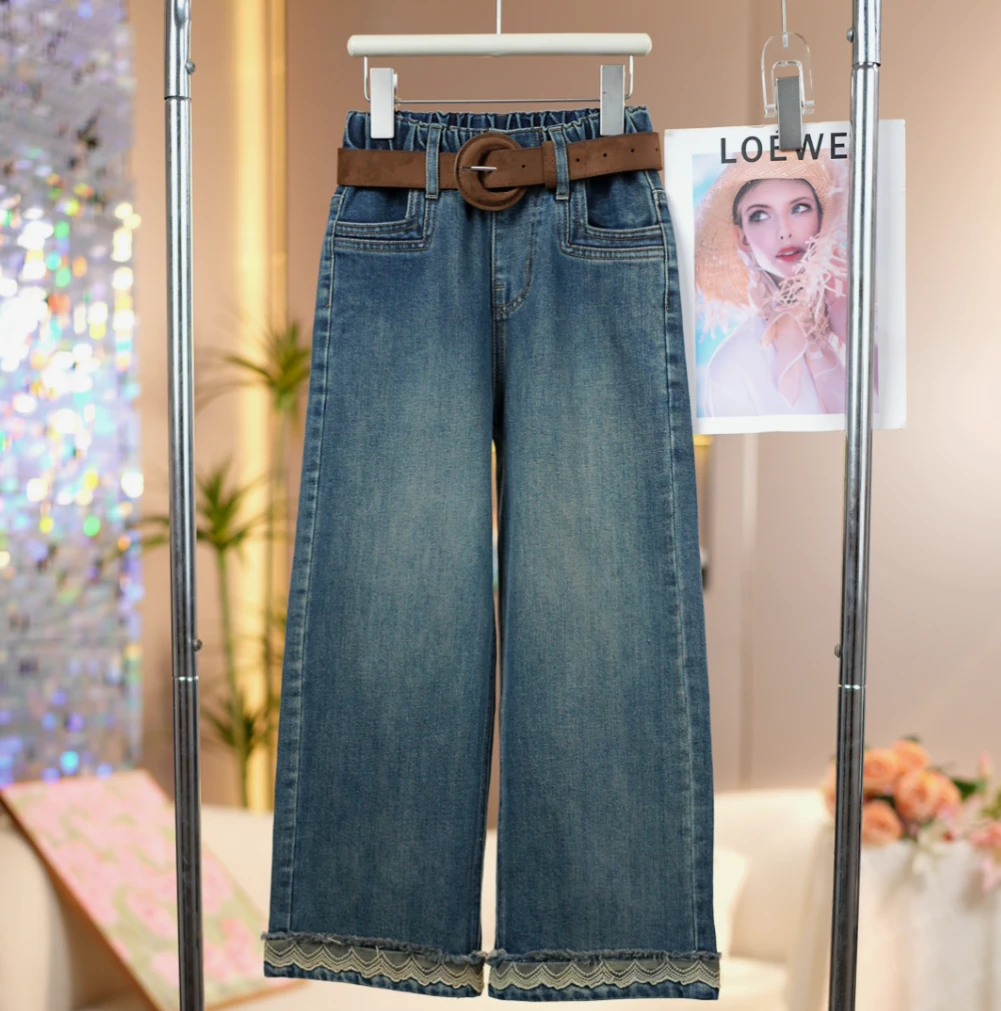 女童2025秋季新款脚口花边牛仔裤中大童时尚百搭儿童洋气直筒裤子