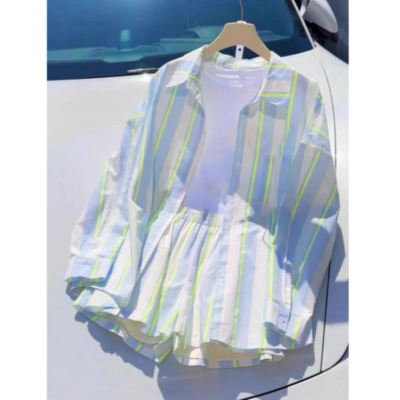 【夏夜萤火】新品休闲条纹衬衫宽松慵懒显瘦短裤两件套.Y5764