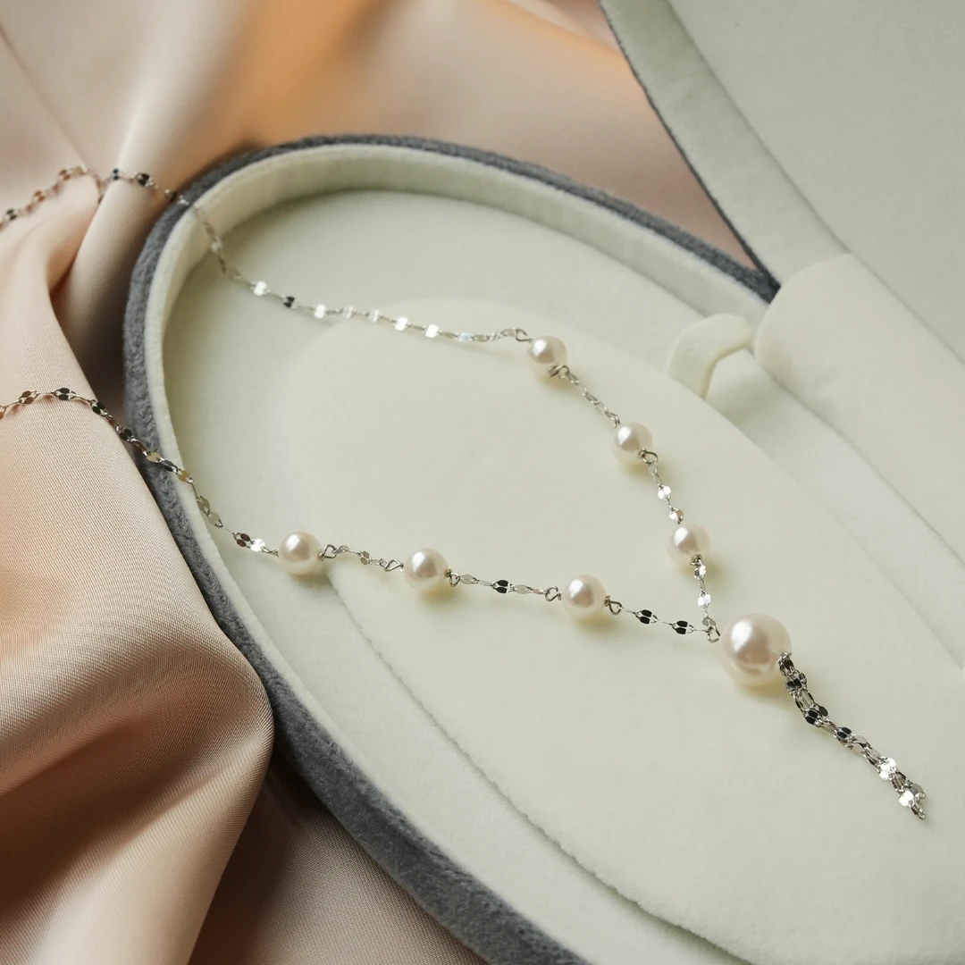 链子925银 爆闪嘴唇链珠珠Y字链气质百搭颈链女甜美设计感项链