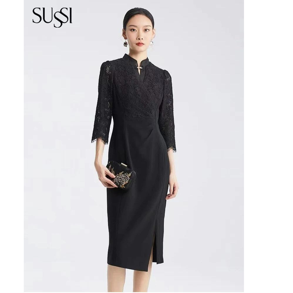 SUSSI古色丨“节节高升”新中式旗袍风立领长袖收腰前开叉连衣裙女