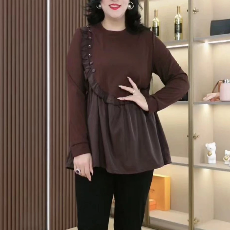 胖大旋秋季新款穿搭高端大码女装荷叶边遮肚显瘦气质上衣ZB6101
