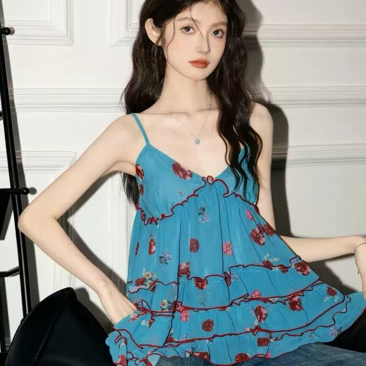 6.4绝美上衣小飞袖吊带设计感碎花无袖辣妹性感夏季印花法式时尚