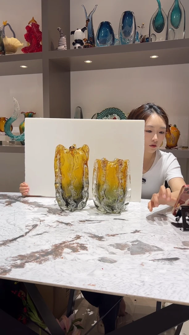 琥珀气泡琉璃花瓶一对