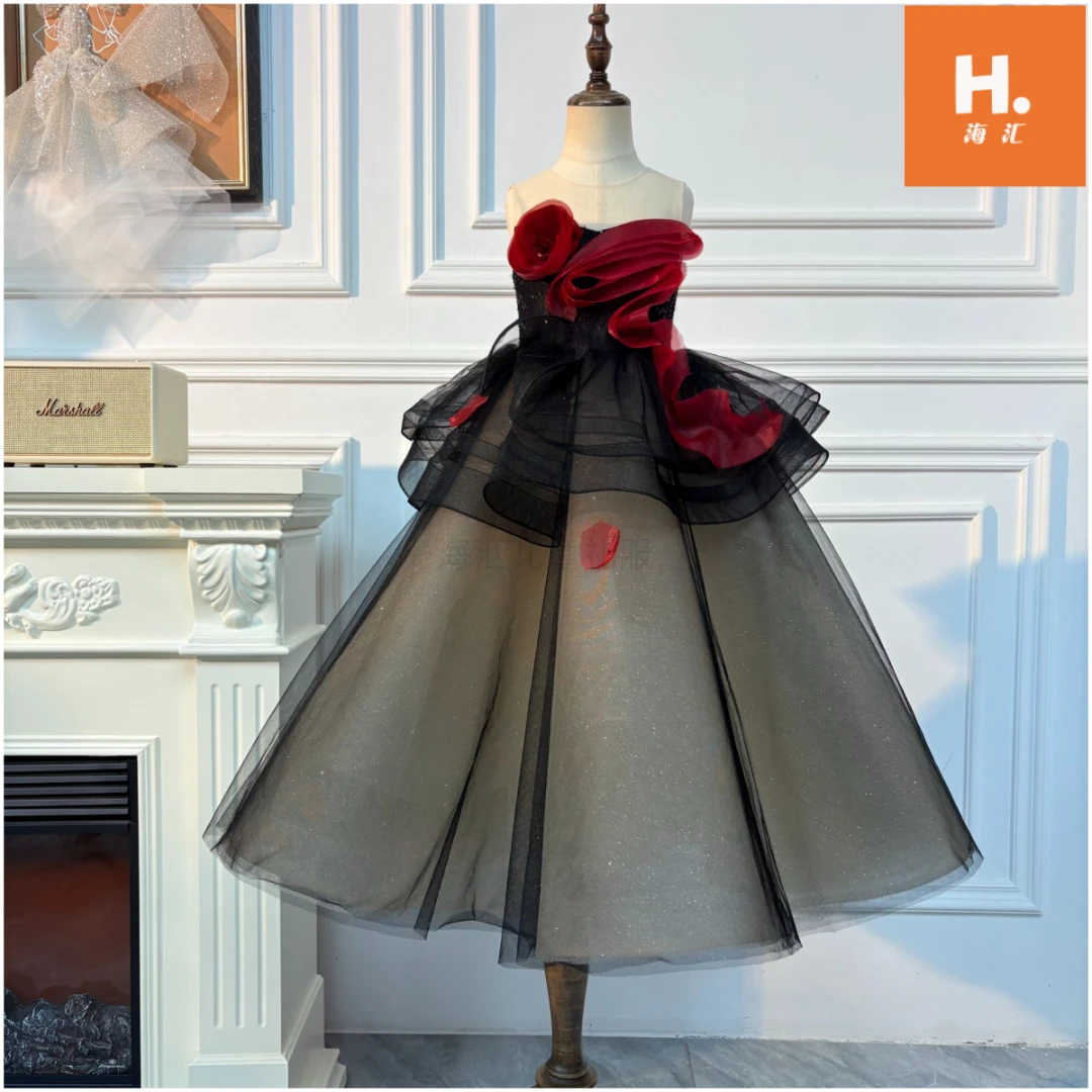 【干枯玫瑰】原创女童气质时尚公主风女礼服黑色设计师齐地长裙高级