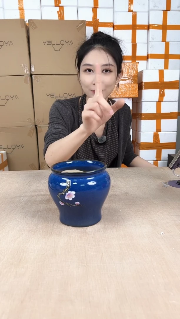 缸形深蓝花釉勾花13x13