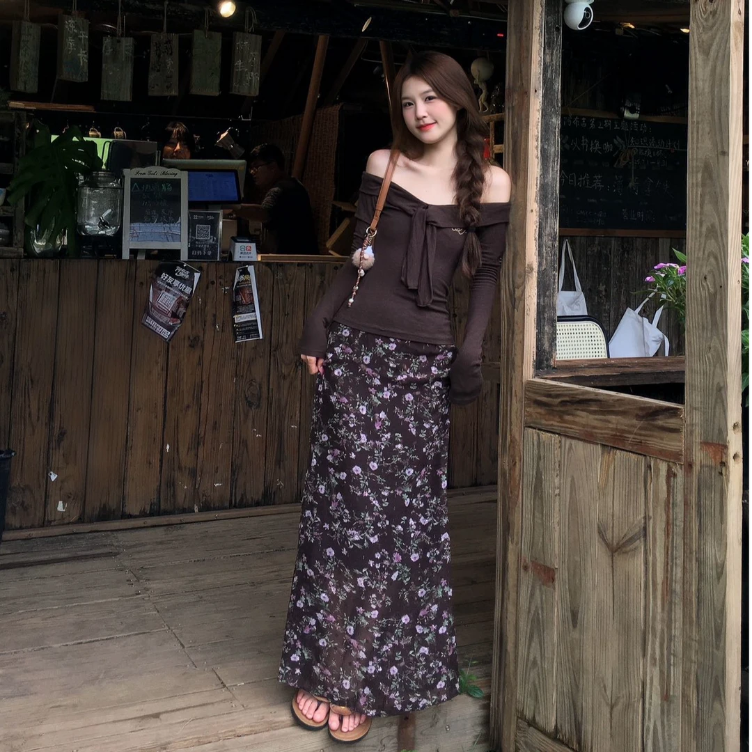 美式一字肩长袖t恤女早秋针织打底衫修身短款上衣潮性感长袖小众