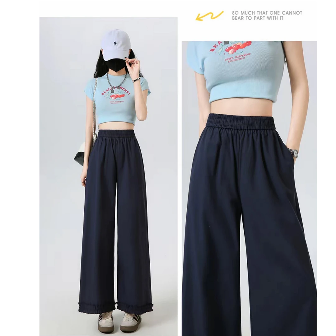 秋季新款花边阔腿裤女韩版松紧腰宽松垂感休闲直筒九分裤#3519