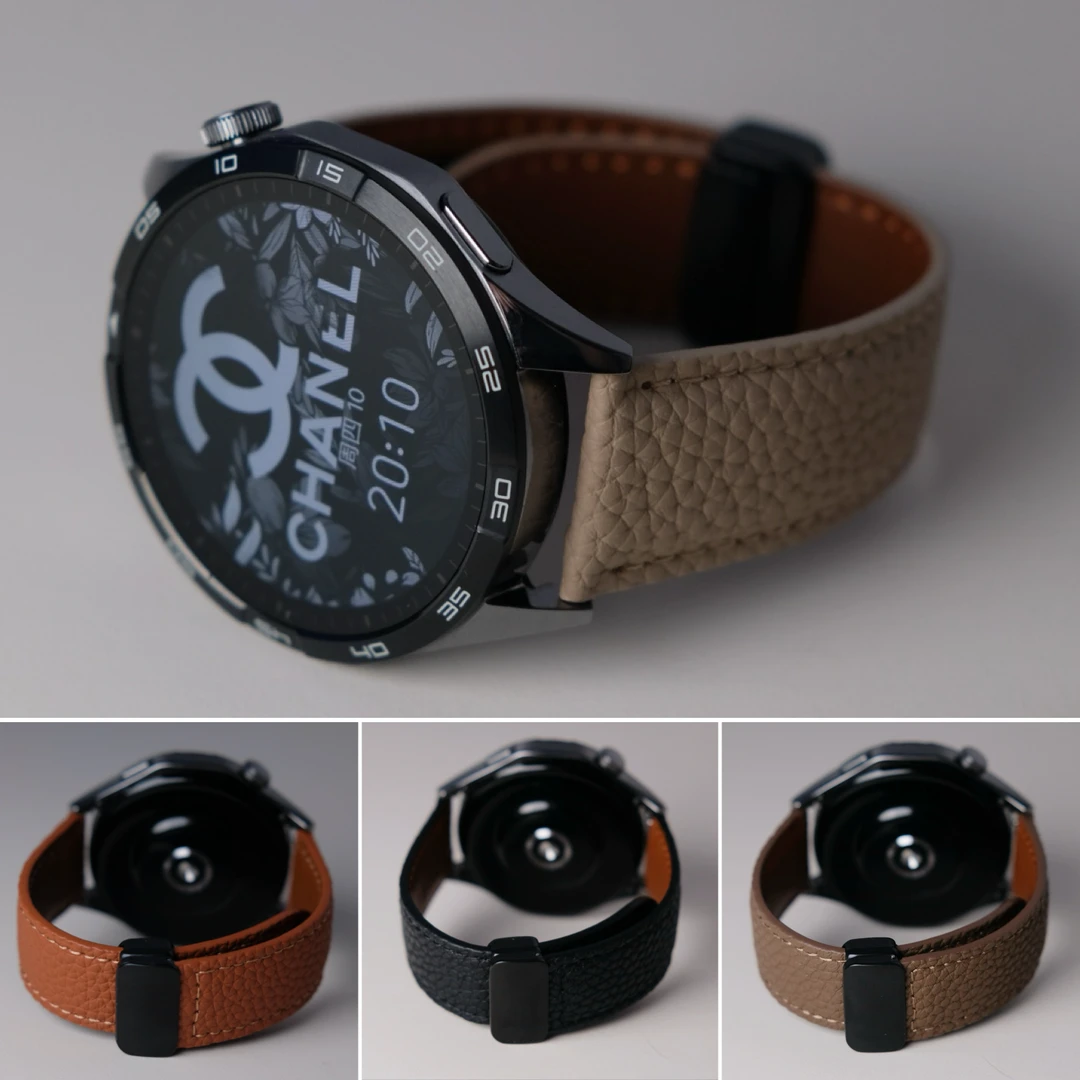 适用华为GT5三星watch6手表带头层荔枝纹双面皮折叠磁吸扣表带TJ