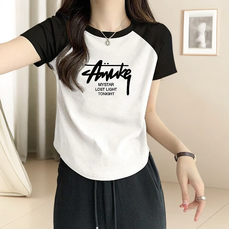 上衣设计感不规则插肩袖短袖t恤女夏季新款修身显瘦小众潮流t