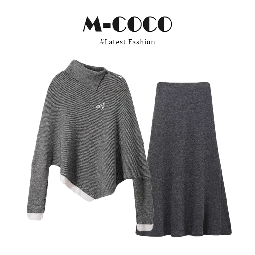 MARIE.COCO灰色不规则蝙蝠袖针织衫毛衣女秋冬气质半身裙两件套装