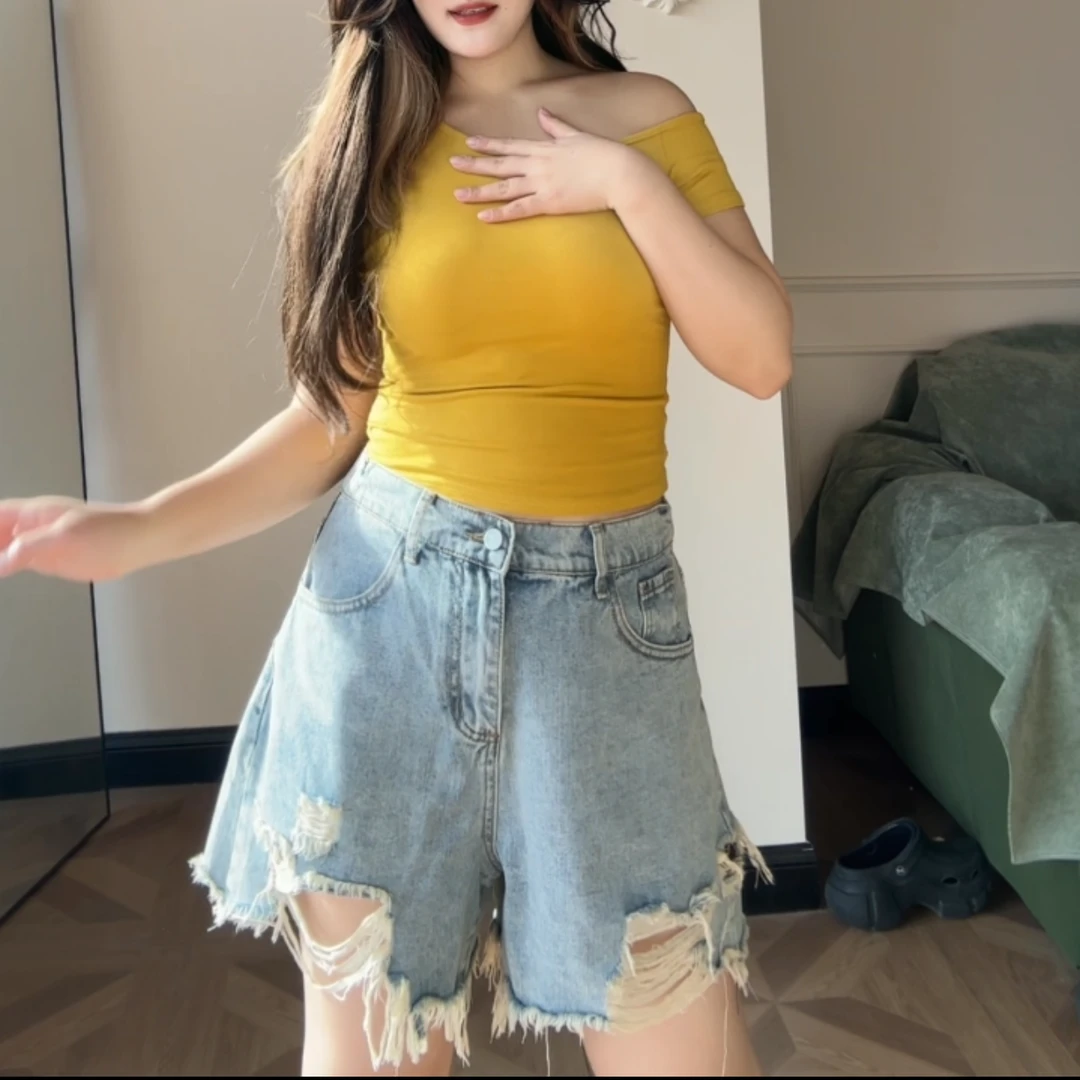 夏季大码短裤韩版阔腿裤拼接牛仔裤女阔腿复古高腰宽松显瘦562