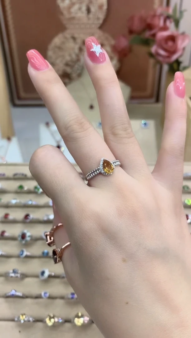 银S925镶嵌戒指水晶水滴黄水晶戒指