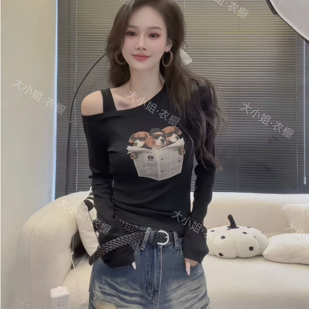 【DXJ家定制】美式印花露肩长袖t恤女2025早秋新款斜肩上衣女
