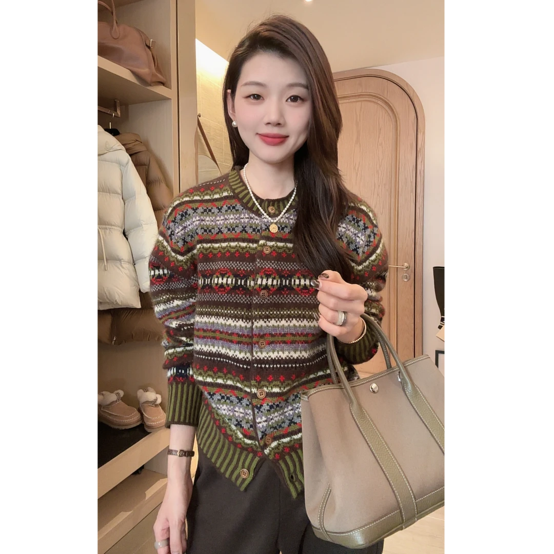 【未竟之冬】‘’绵羊毛+山羊绒冬季开衫毛衣女费尔岛复古条纹针织衫