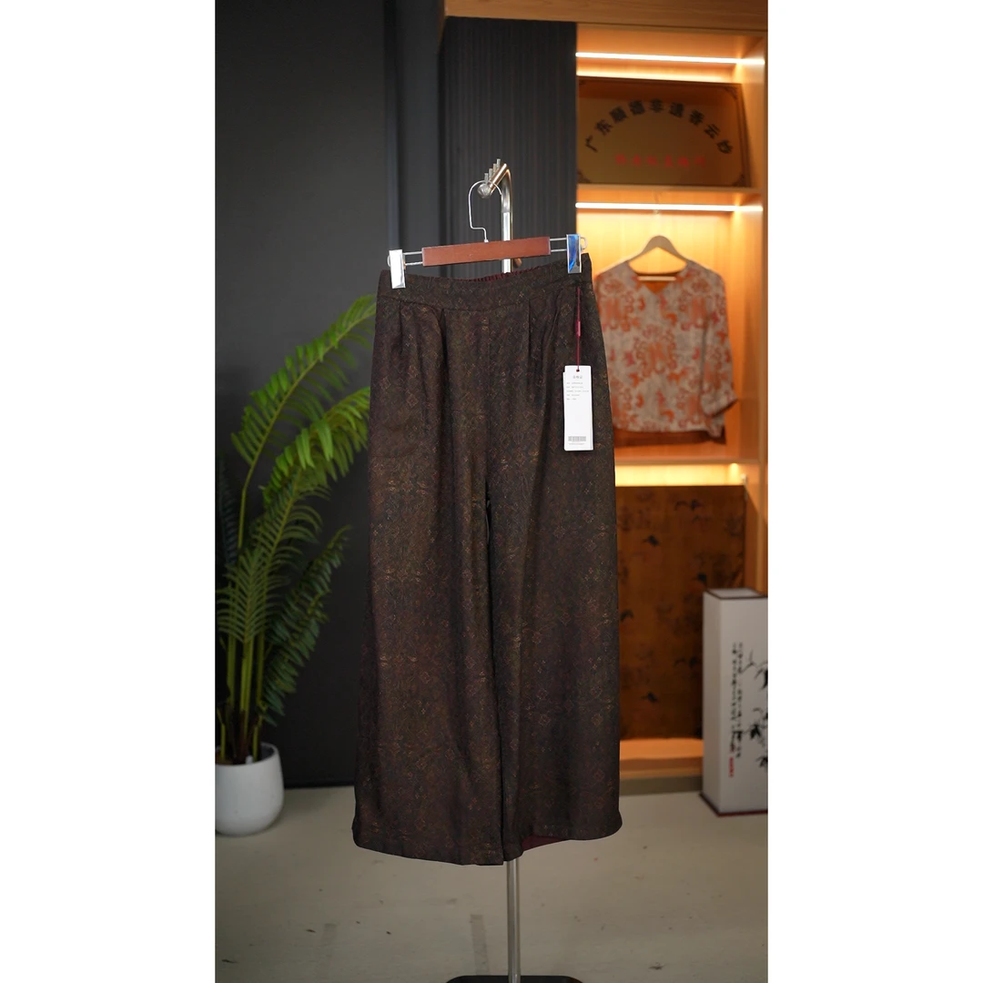 【半溪明月】双面穿新中式中国风香云纱提花花萝老料直筒裤气质