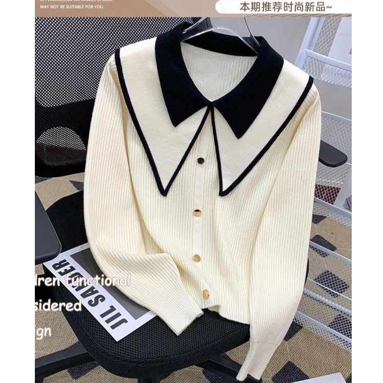 英浩优选【高品质】春秋高级感内搭小香风撞色减龄感翻领针织衫