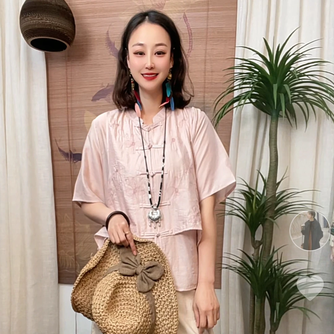 449-3高端假两件刺绣显瘦拼接新中式百搭气质文艺风国风小衫