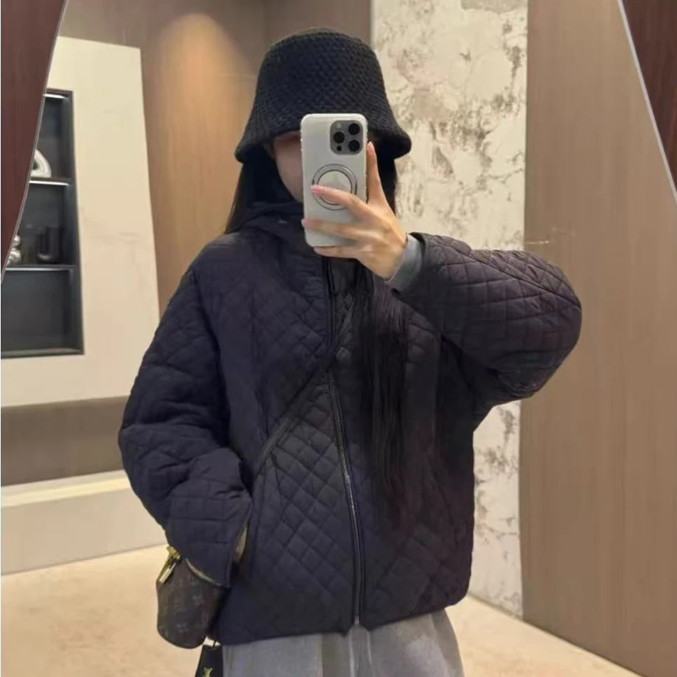 菱格连帽夹棉外套女2025秋冬款小个子宽松百搭棉服轻薄上衣