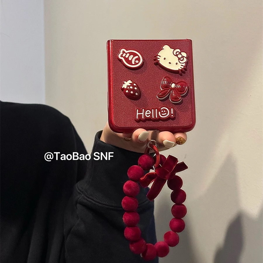 酒红草莓kitty猫适用小米MIXFlip华为Pocket2手机壳个性创意立体