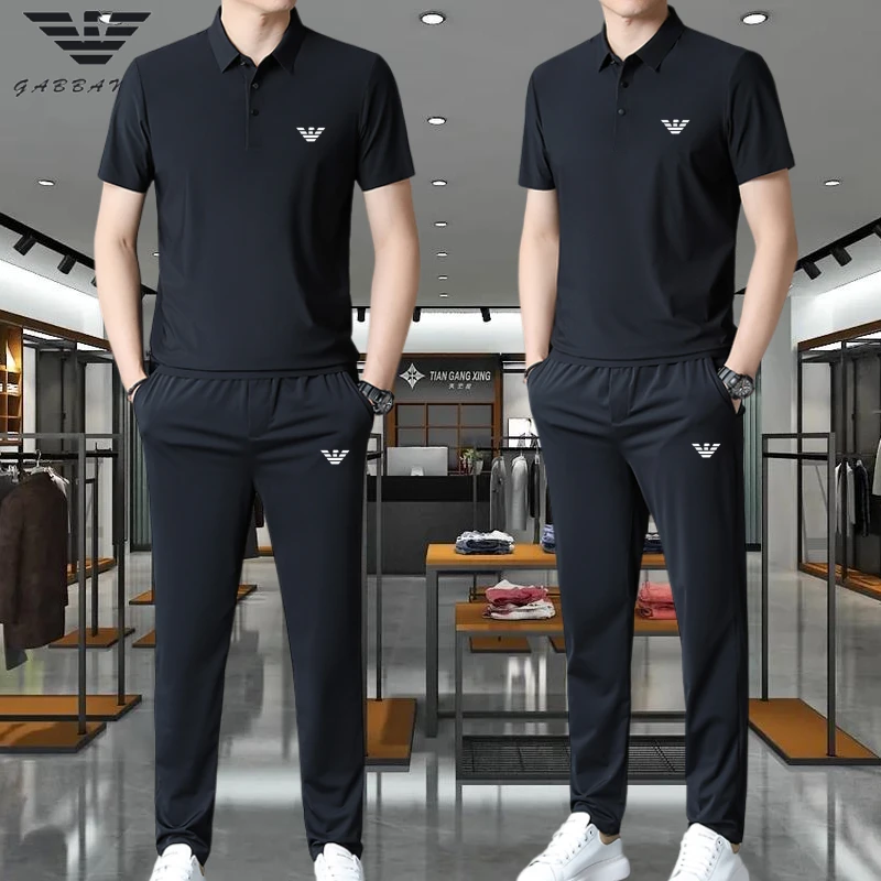 【意大利】品牌男士高端透气冰丝宽松春夏短袖运动弹力套装男休闲