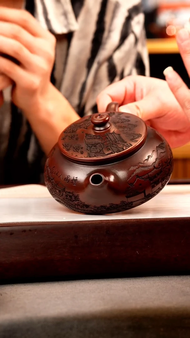 茶壶紫砂铁皮石红 大寒江 刻绘