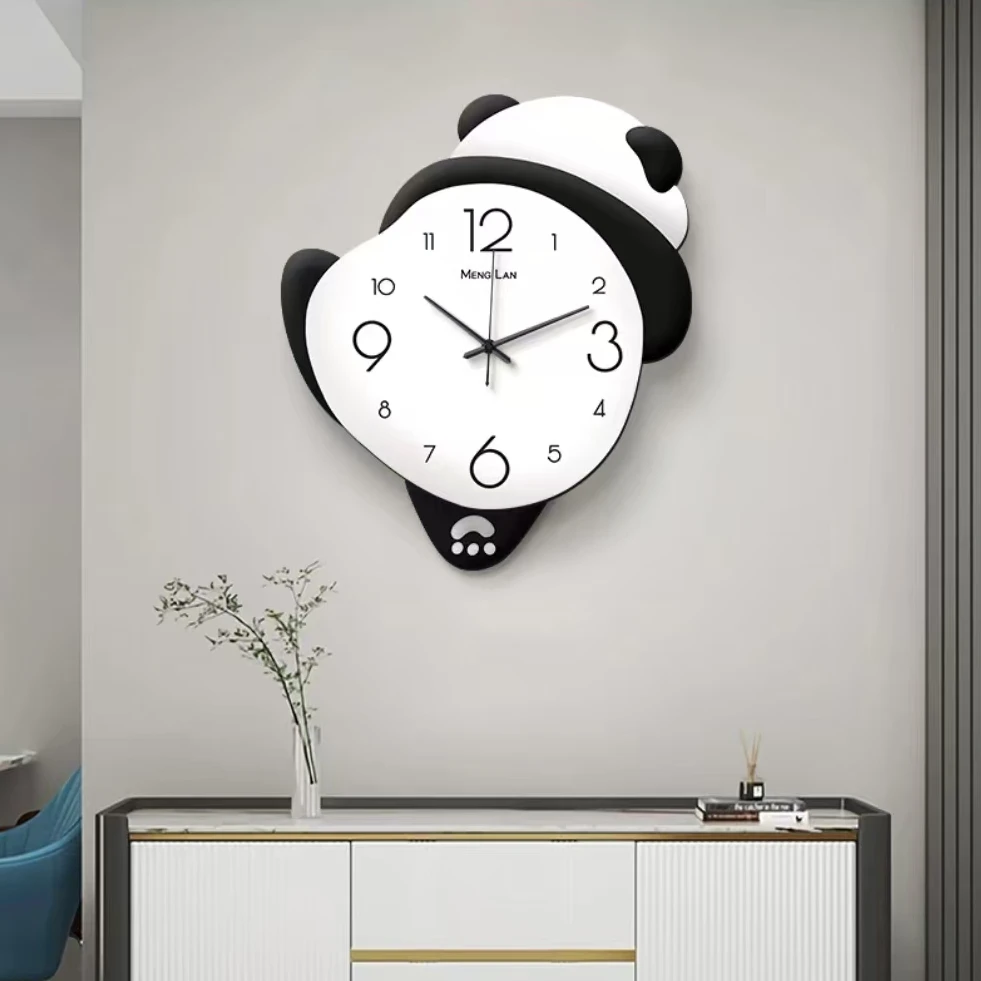 B创意熊猫挂钟客厅格栅装饰画家用时钟电视背景墙餐厅钟表4550