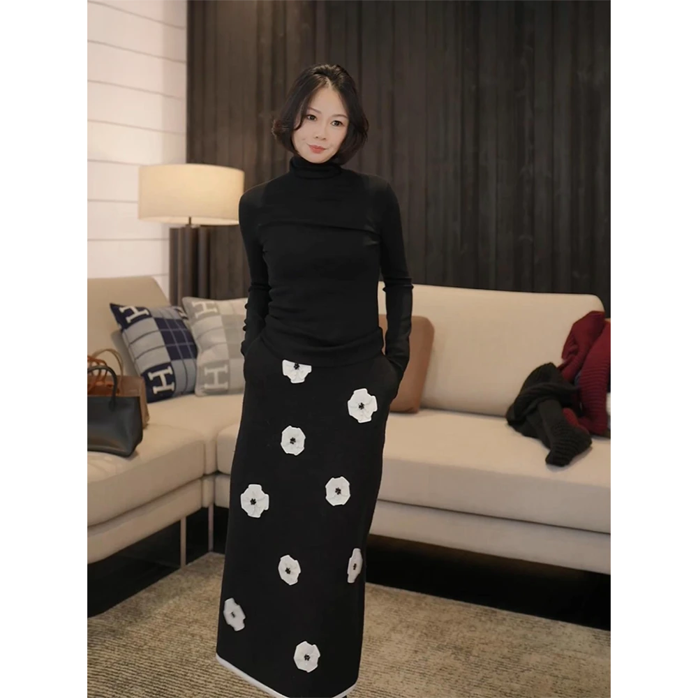 SHIIEELL撞色立体花朵半身裙小众气质半裙开叉显瘦裙子 PL797