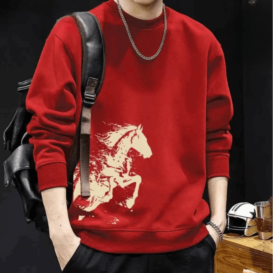 卫衣男款秋冬加绒加厚圆领无帽情侣宽松本命年马年衣服