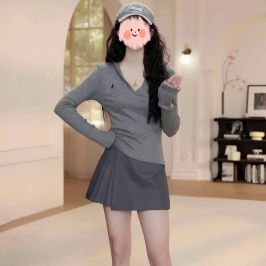 春季时尚套装女2025新款连帽T恤长袖帽衫显瘦a字百褶裤裙两件套潮