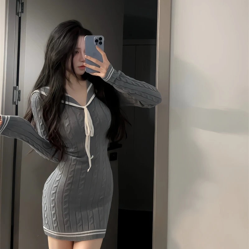 纯欲风修身海军领蝴蝶结系带设计感显瘦麻花针织毛衣连衣裙女秋冬