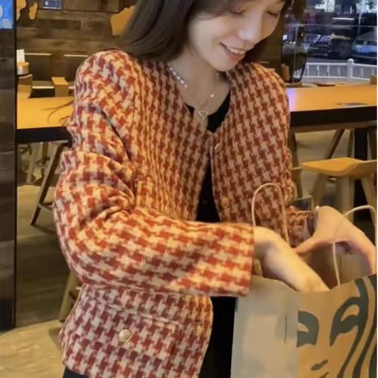 001千鸟格长袖短外套时尚百搭