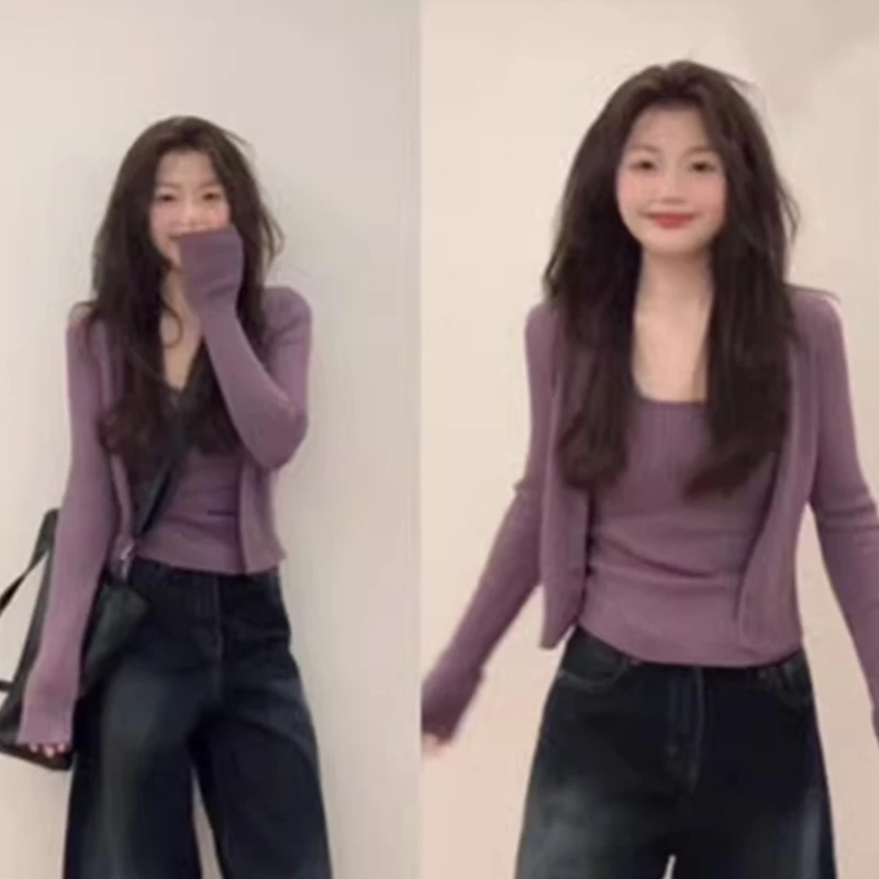 韩系纯欲辣妹针织吊带开衫两件套女早春季紫色百搭修身显瘦小上衣
