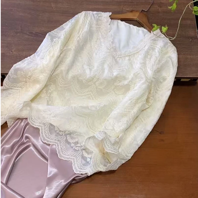 【新中式·柔影】双层蕾丝长袖百搭气质打底衫 女士春季外穿小衫