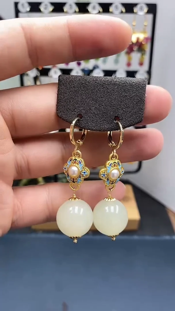 和田玉银S925镀金镶嵌耳饰尺寸16mm耳扣A2