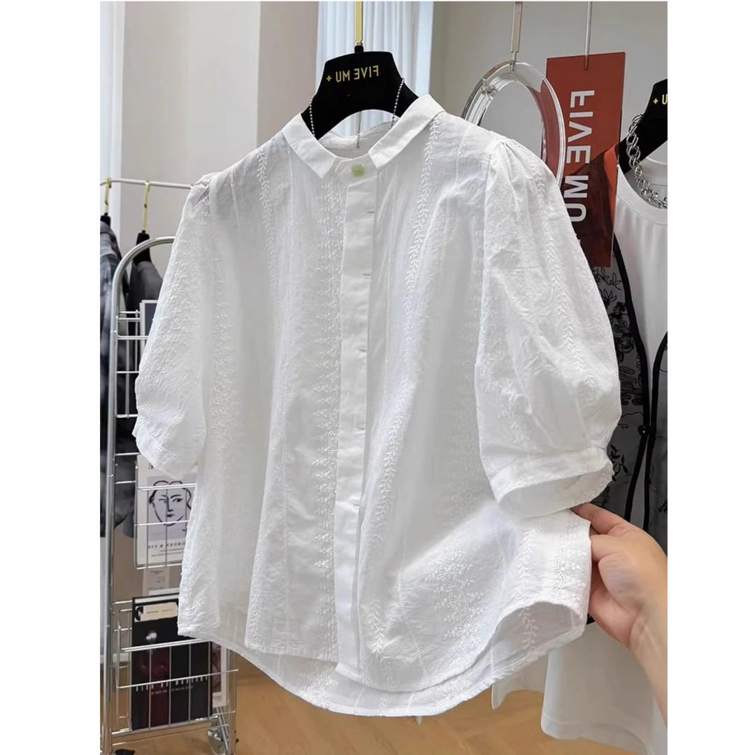 新款高货气质优雅千金风设计感小衫纯棉重工轻奢满绣精致时尚衬衣