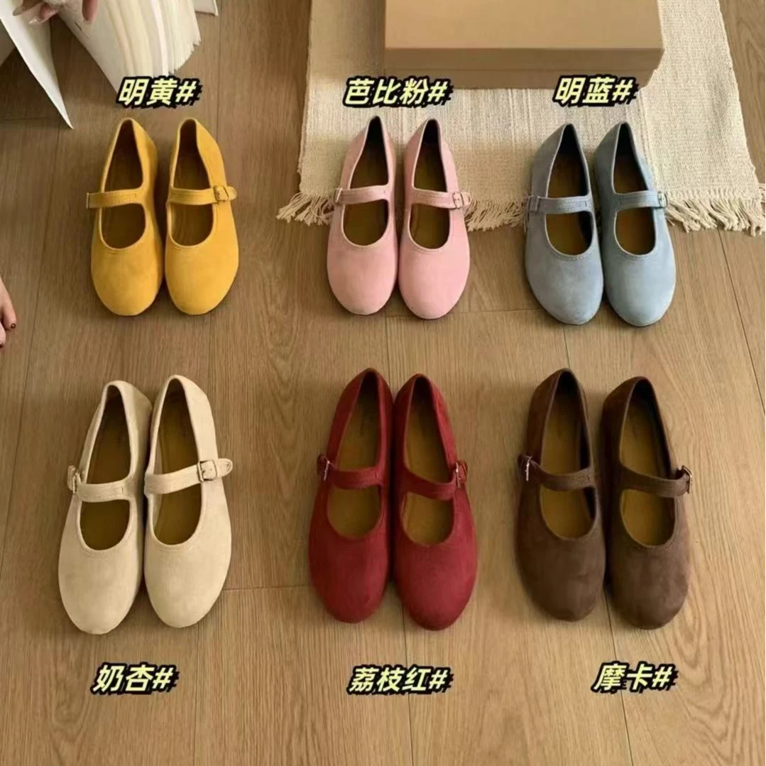 玛丽珍韩式仙女风日常简约百搭一字扣圆头绒面鞋子单鞋 1213-1