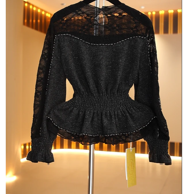 【糖宝专属】法式荷叶领长袖拼接蕾丝打底衫圆领上衣小衫气质