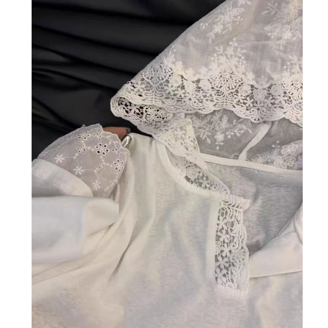 韩系蕾丝拼接花边连帽长袖t恤女宽松高级感小众防晒罩衫上衣