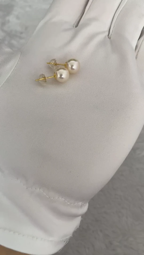 银S925镶嵌海水珍珠耳饰AK羽皇金素钉8-8.5mm